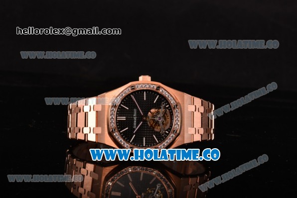 Audemars Piguet Royal Oak 41MM Swiss Tourbillon Manual Winding Full Rose Gold with Black Dial Diamonds Bezel and Stick Markers (FT) - Click Image to Close